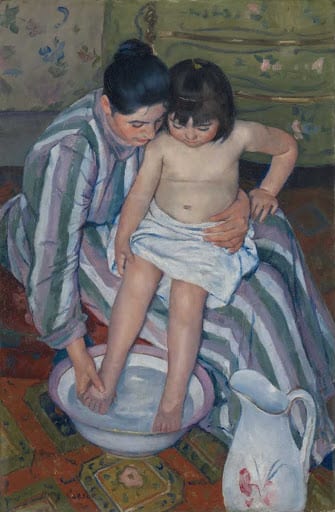 Dipinto di Mary Cassat Il bagno della bambina. Colori ad olio su tela. Dipinto nel 1893.
