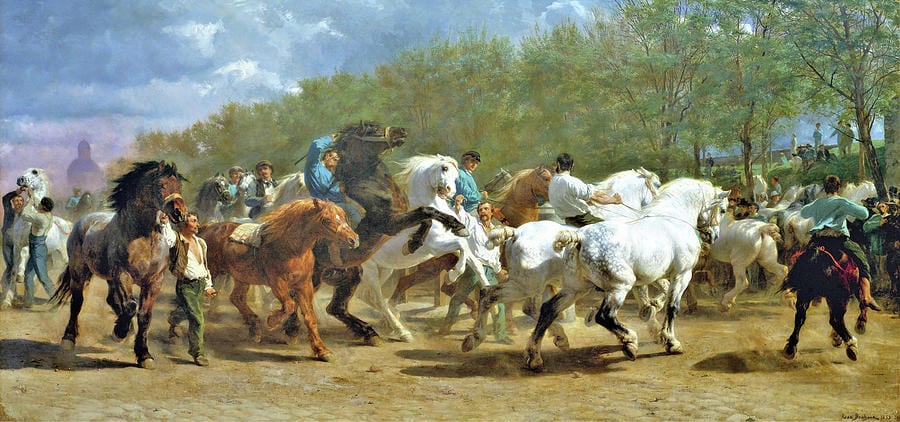 Il dipinto di Rosa Bonheur, La fiera dei cavalli. Colori ad olio su tela. Dipinto nel 1852.